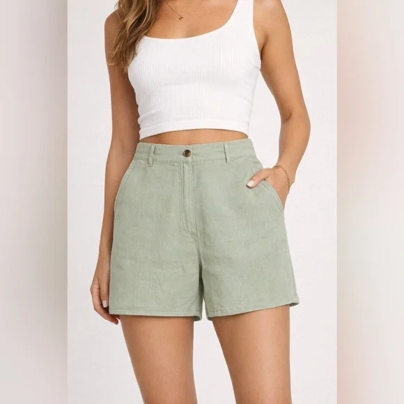H&M Women's Shorts High Waist Linen Blend Light Green XL