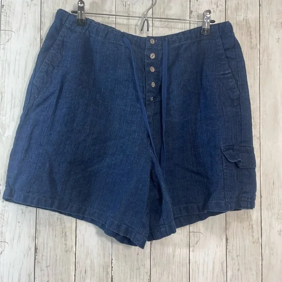 EDDIE BAUER Womens Blue Button Fly Cargo Linen Drawstring Shorts 16