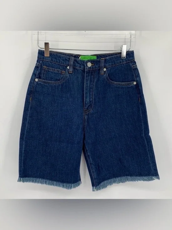 Sandrine Rose cut-off long denim jean shorts dark wash frayed hem blue new 28