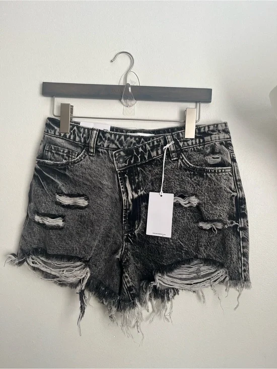 Vervet Crossover High Rise Distressed Denim Shorts Grey Black Cutoff Asymmetric