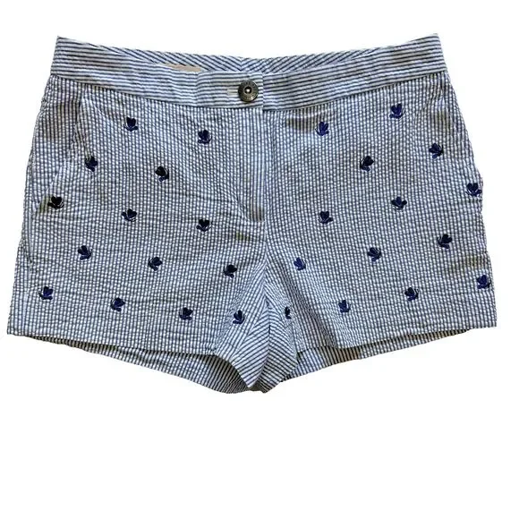 Brooks Brothers Women's Seersucker Shorts Embroidered Bees White Blue Size 2
