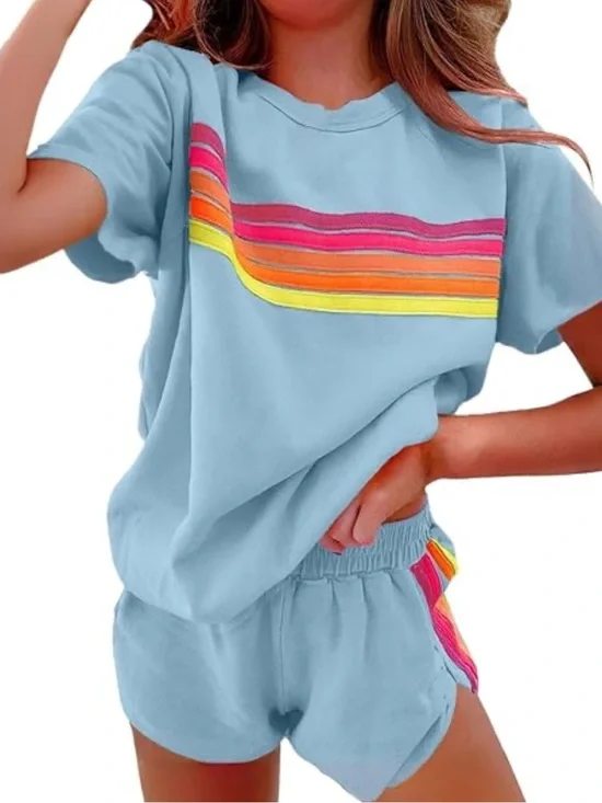 Light Blue Rainbow Stripe Short Set