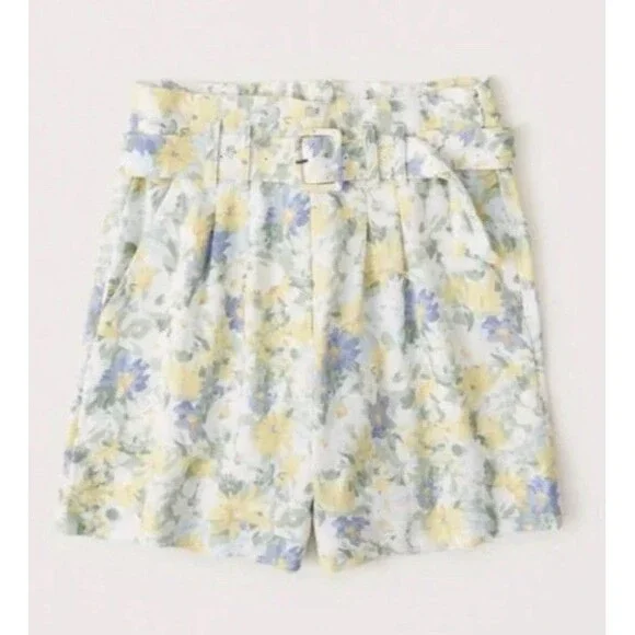 Abercrombie Women’s Floral Belted Shorts Size L Yellow Cotton Blend Summer