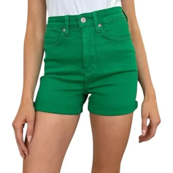 Judy Blue Shorts Green High Rise Tummy Control Cuffed Garment Dyed Stretch Denim