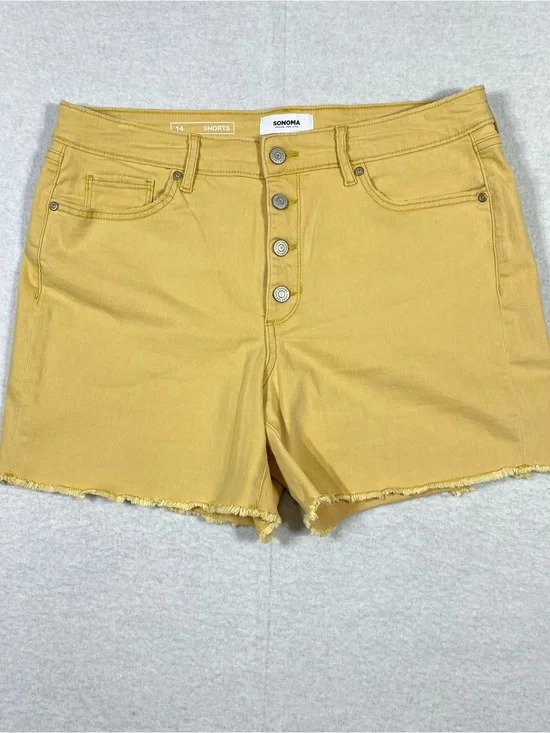 Sonoma Button Fly Denim Shorts Womens 14 Mustard Yellow High Rise Raw Hem Casual