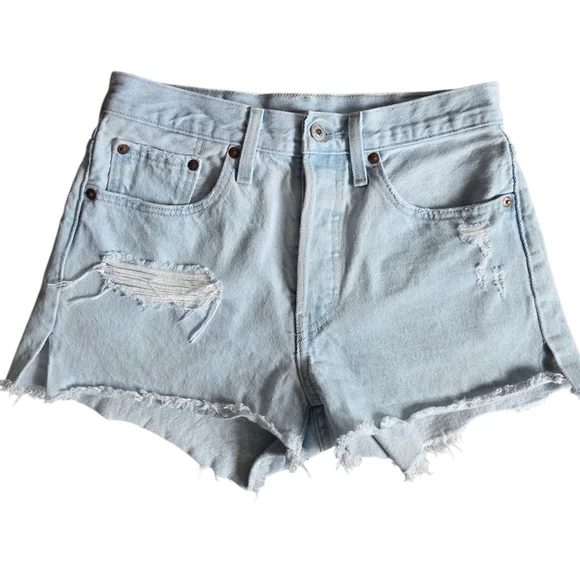 Levis Big E 501 Light Blue Distressed Denim Shorts 26