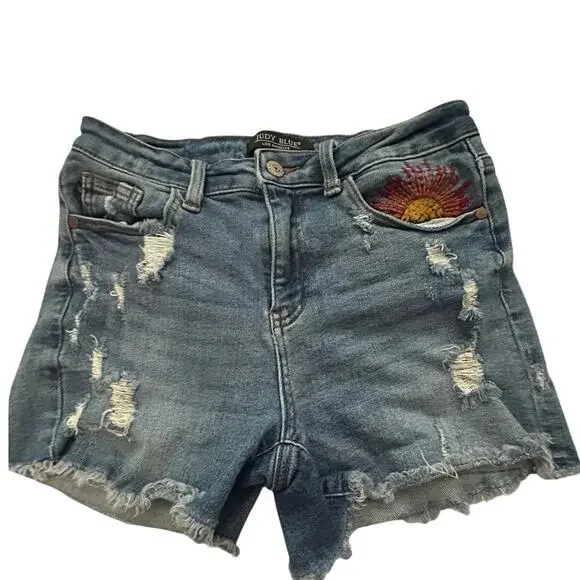 Judy Blue M High Rise Distressed Denim Shorts Sun Embroidered