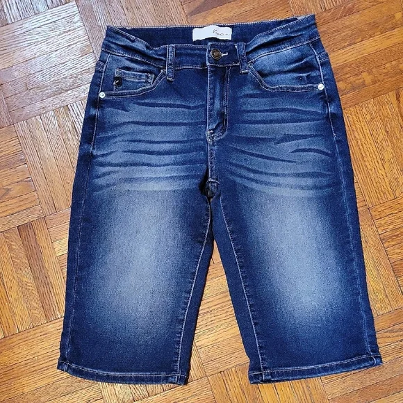 KanCan Bermuda Shorts Dark Wash Whiskering Size 25