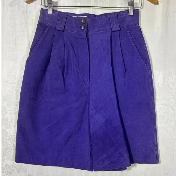 Vintage San Remo Leather Shorts 8 Purple Pleated Long Mom Lined Pebbled Suede
