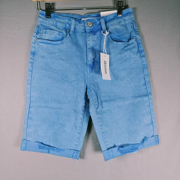 Zenana Acid Wash Dyed Bermuda Distressed Shorts DMP-1892Y Ocean Blue Large
