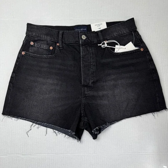 NWT Lucky Brand Mom High Rise Shorts Black Denim Frayed raw Hem 10/30