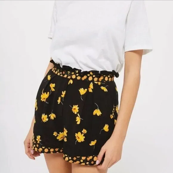 TOPSHOP Black & Yellow Floral High Waisted Shorts Size 4