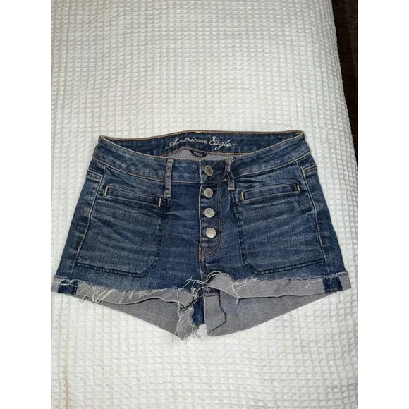 American Eagle Denim Shorts Womens 2 Blue Button Fly Frayed Hem Stretch