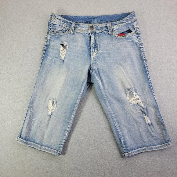 Seven7 Shorts Womens 16 Blue Denim Bermuda Distressed Embellished Rhinestone