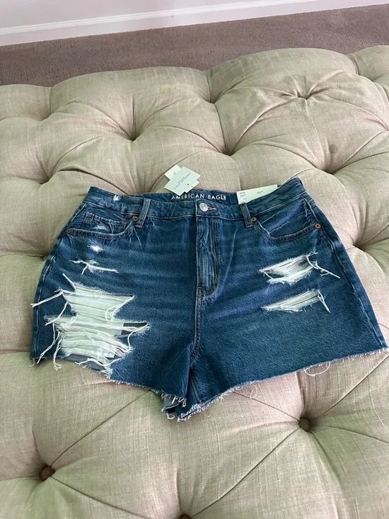 American Eagle Outfitters Dark Blue Distressed High-Rise Denim Shorts