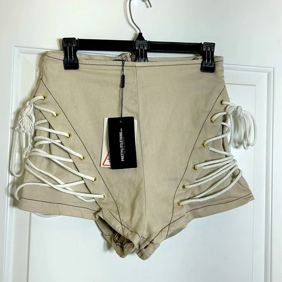 PrettyLittleThing Shape Ecru Lace Up Side Denim Shorts NWT