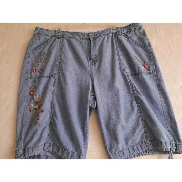 Womens Size 20W Boho Embroidered Drawstring Hem Casual Lightweight Shorts Blue