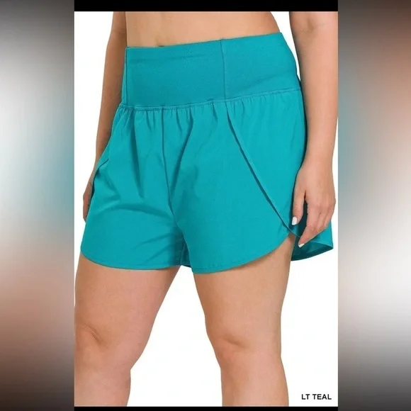 Plus Size High Waist Blue Zipper Back Pocket Running Shorts