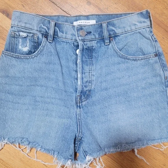 PACSUN Softworn High Rise Icon Denim Shorts Frayed Hem Blue Size 27 Button Fly