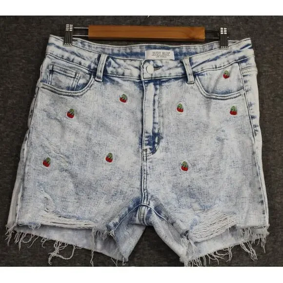 Judy Blue High Waisted Cherry Embroidery Acid Wash Jean Shorts for Women's XL