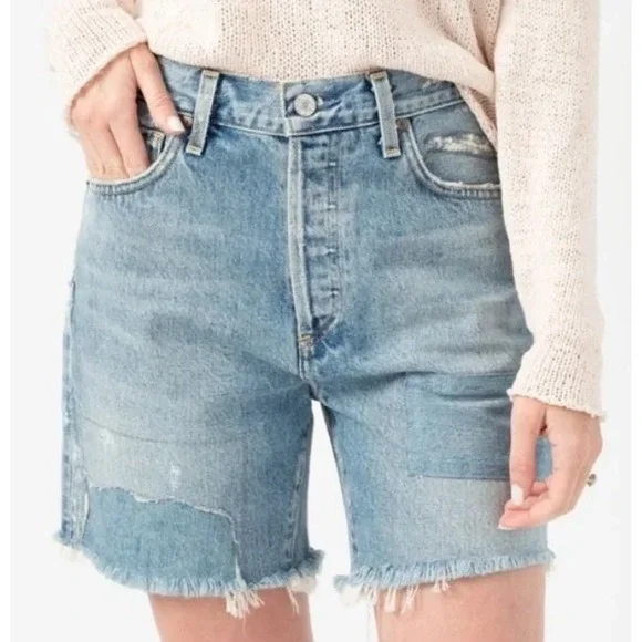 Citizens of Humanity Bailey Loose Fit Distressed Denim Shorts Size 26 Patchwork