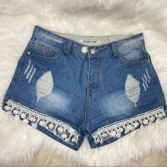 Jeans HT | embroiderer shorts ,distressed blue denim daisy Dukes 28