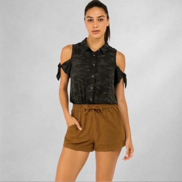 Lucky Brand Women’s XL Linen Blend Shorts Brown Pull-On Relaxed Fit Casual Boho