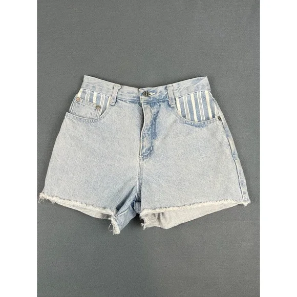 Vintage 90s Denim Shorts High Waist Cutoff Striped Light Wash Cotton XS