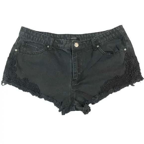 Forever 21 Black‎ Denim Decorative Cutoff Shorts Womens Size 30 Distressed