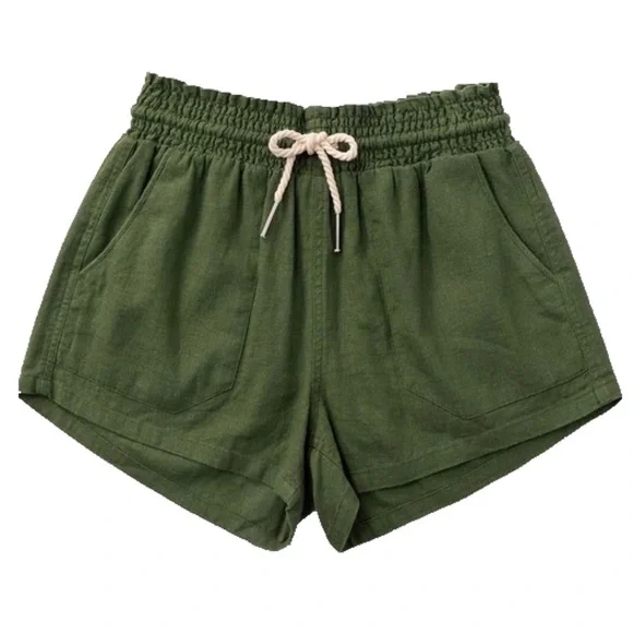 Linen Drawstring Pocket Shorts Olive Green 2120
