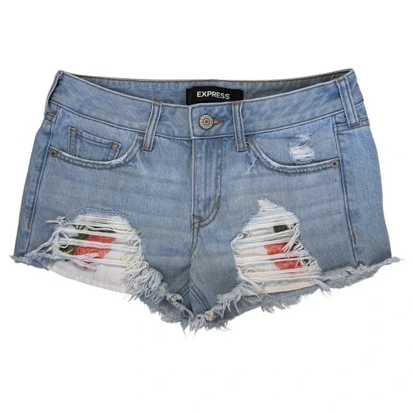 Express Shortie Relaxed Low Rise Denim Shorts Women Sz 0 Distressed Shabby Chic