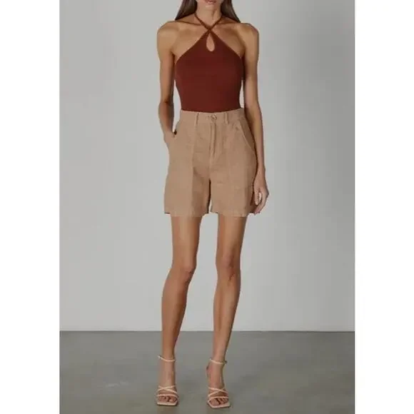 $195 Enza Costa Linen High Waisted Shorts - Italian Clay - 0