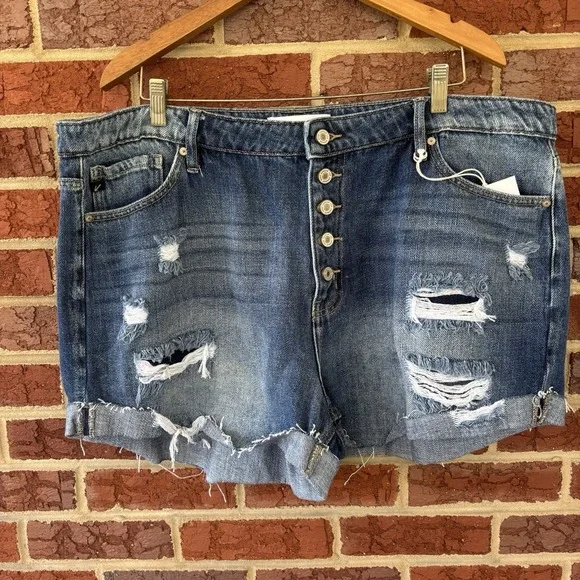 Kancan Denim Shorts Womens 3XL Blue‎ Button Front High Rise Rolled Cuff