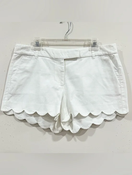 J Crew Women’s Linen Cotton Shorts Scalloped Hem White Pockets Sz 12 Resort