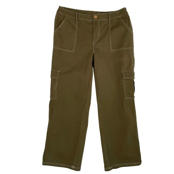 Hesperus XL Women's Olive Green Cargo Pants‎ Wide Leg Contrast Stitching Utility
