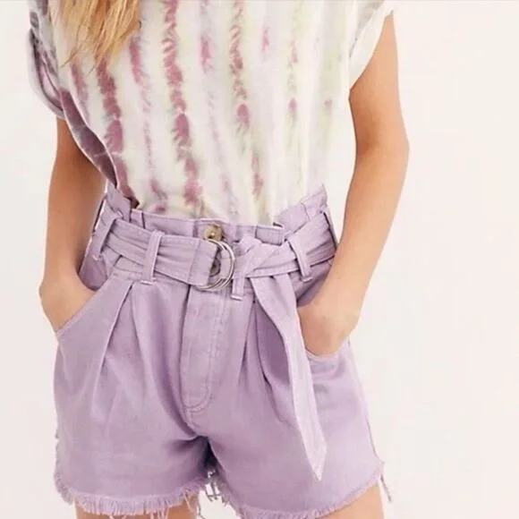 Free People See You Sometime High Waisted Belted Cut Off Shorts Lilac Purple XS