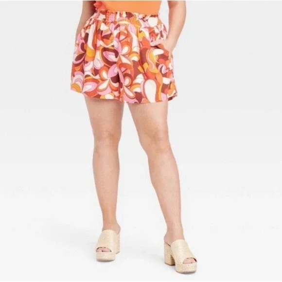 Ava & Viv High Rise‎ Smocked Shorts Womens 2X Orange Pink Retro NWT 021 07 2223