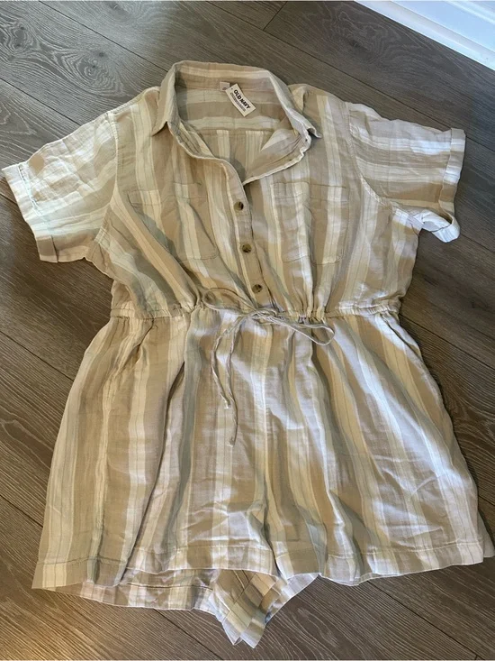 Old Navy Cream and Beige Striped Button-Front Romper