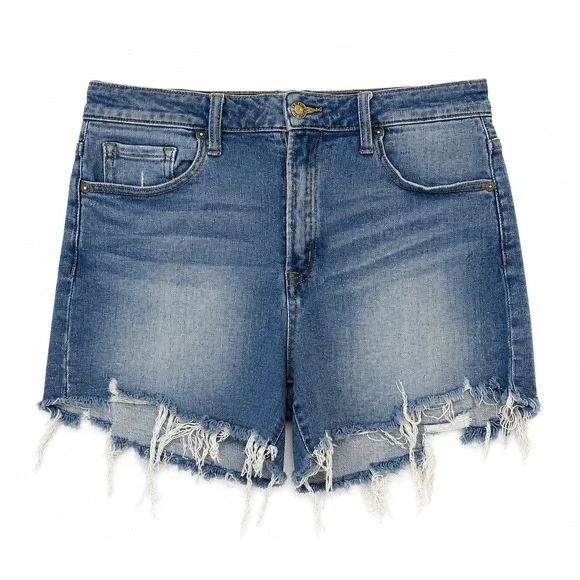 Risen Distressed Raw Hem Denim Shorts Women's Size Large High Rise Stretch Blue