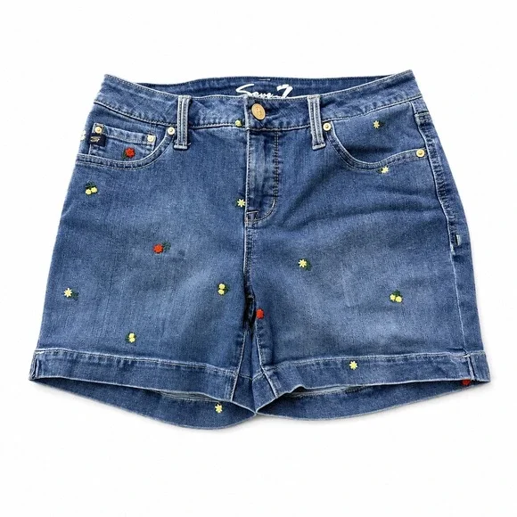 Seven7 Weekend Jean Shorts Womens Size 4 Blue Floral Embroidered Stretch Denim