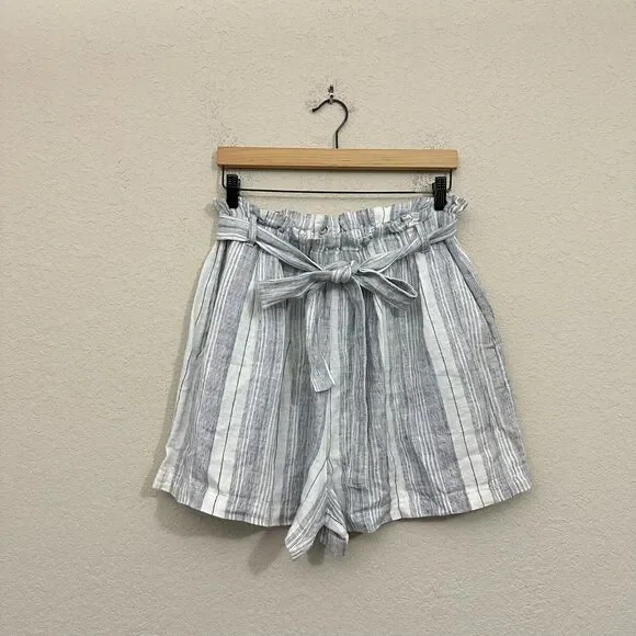 VOYAGEUR By MERSEA Como Shorts Multi Striped Linen Belted Paperbag NWT