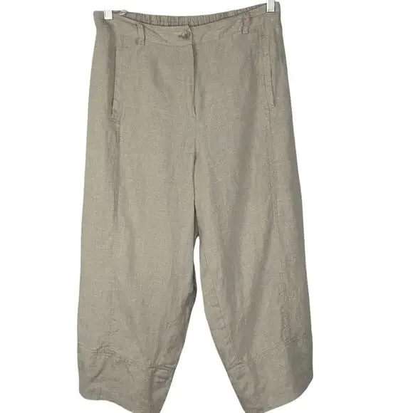 MASAI Pant Womens 100% Linen Wide Lantern Leg Crop Neutral Beige Size M