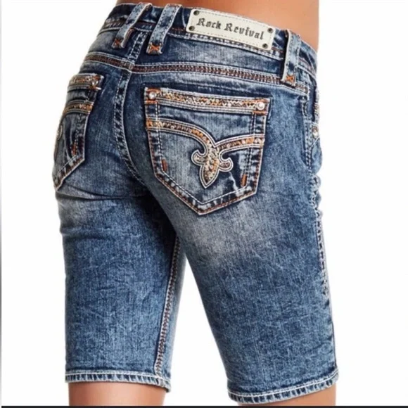 Rock Revival Nancy Bermuda Stretch Denim Shorts Distressed Blue Sz 25