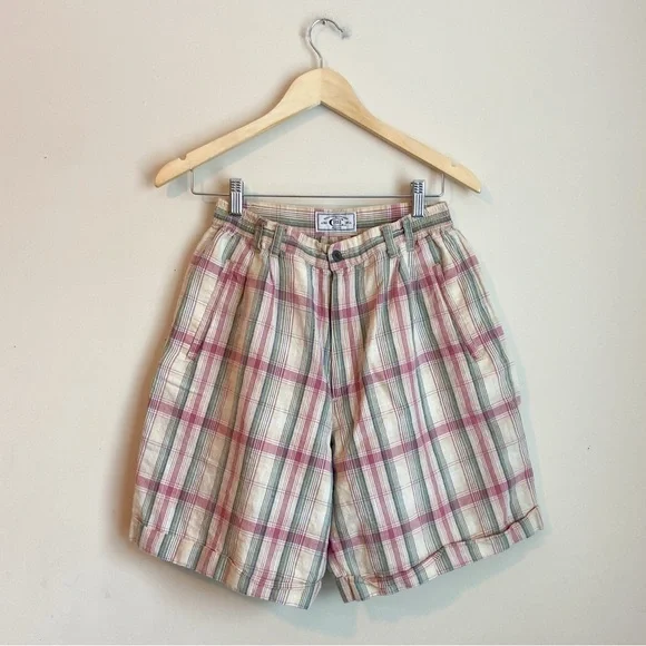 Vintage Plaid Cotton Shorts in Cream, Pink & Green