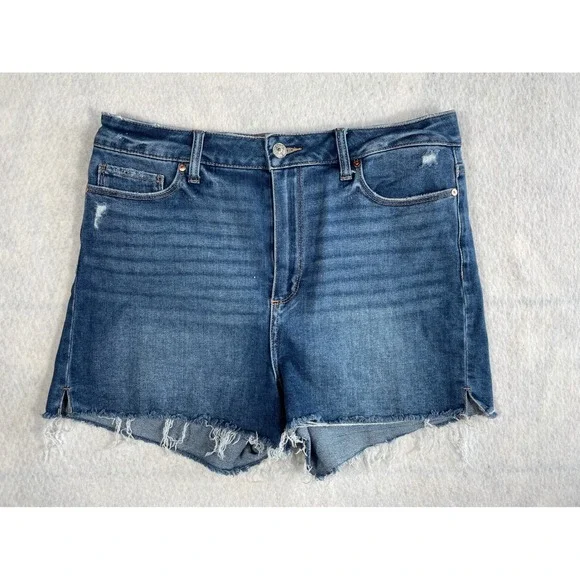 PAIGE Margot High Rise Denim Shorts Medium Wash Raw Hem Blue Size 31