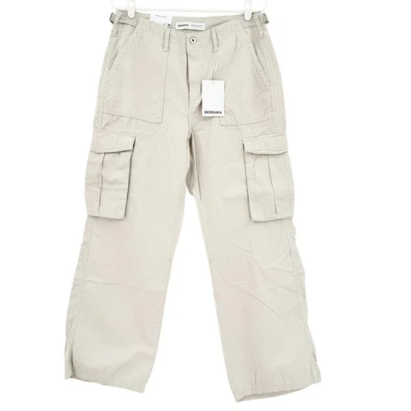 Bershka Women's Beige Cargo Cotton Straight Pant Size 10 Utility Pockets NWT