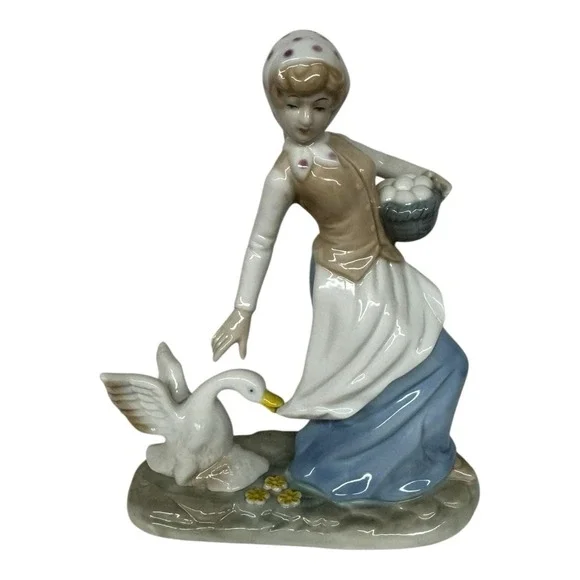 1980 Enesco Fine Porcelain Lady‎ Carrying Eggs with Goose Tugging at Dress