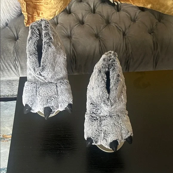 Gray Furry Monster Claw Slippers