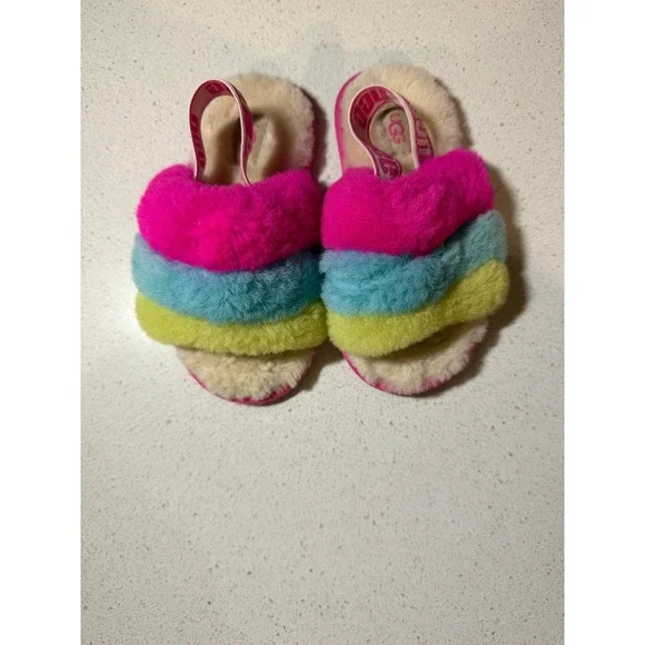 UGG Kids Fluff Yeah Slide Rainbow Pink Blue Yellow Toddler Size 9C
