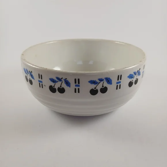 Czechoslovakia Art‎ Deco Ceramic Bowl White With Blue Cherries 5 7/8